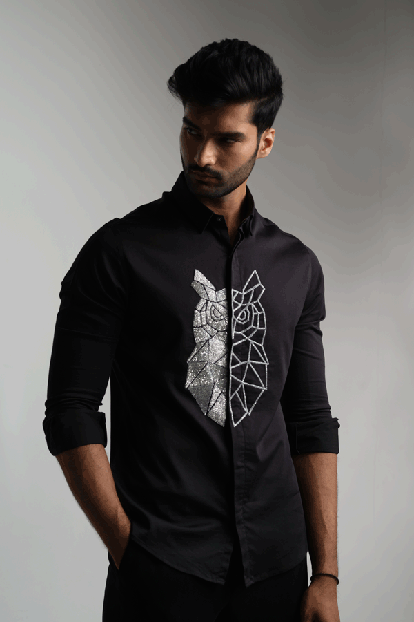 BLACK SHIRT WITH SILVER CUTDANA HAND EMBROIDERED BIG OWL