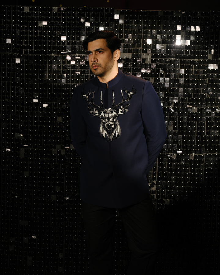 3D REINDEER ON NAVY BLUE BANDHGALA SET