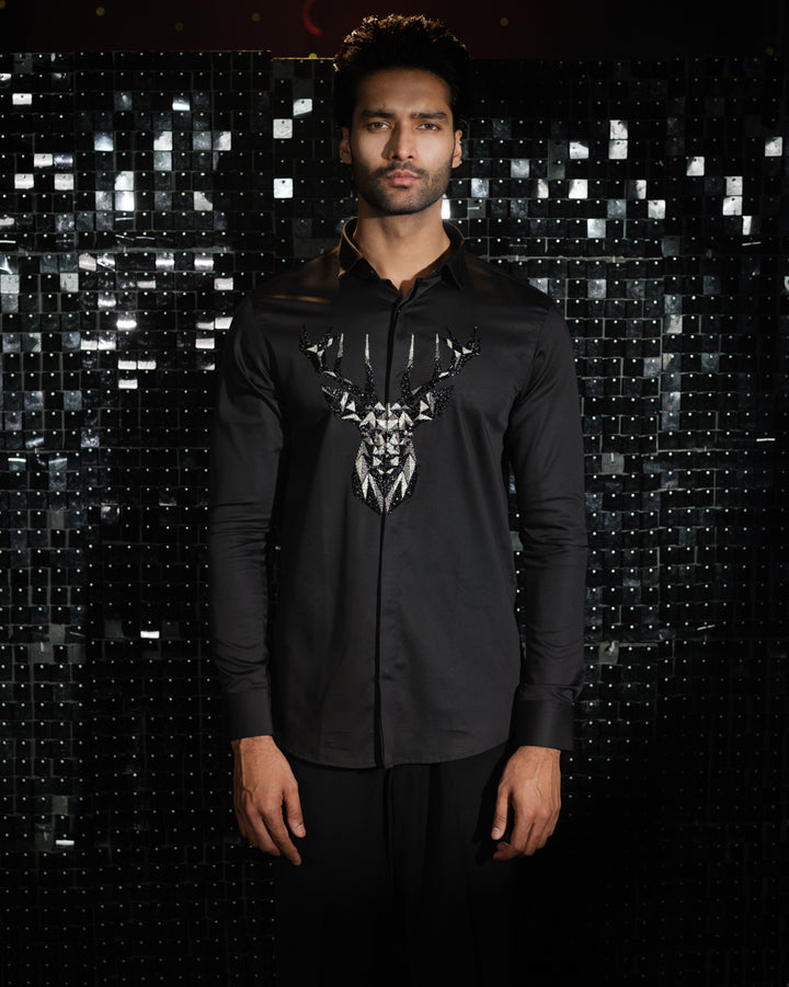Black shirt with hand embroided 3D Rendeer