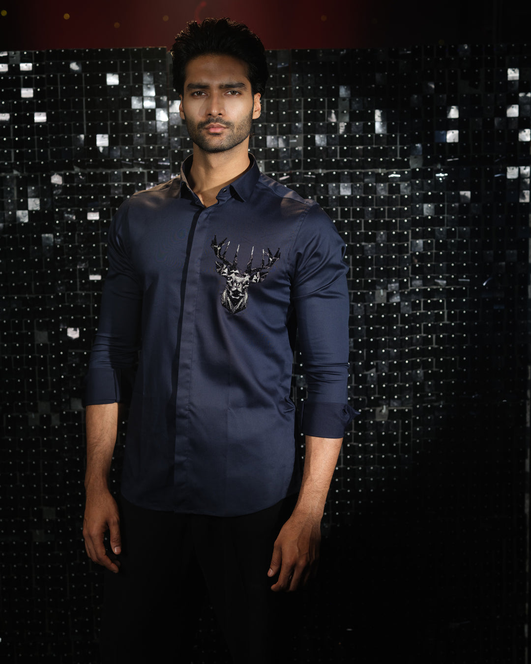 Navy Blue shirt with hand embroided 3D Rendeer Pocket square