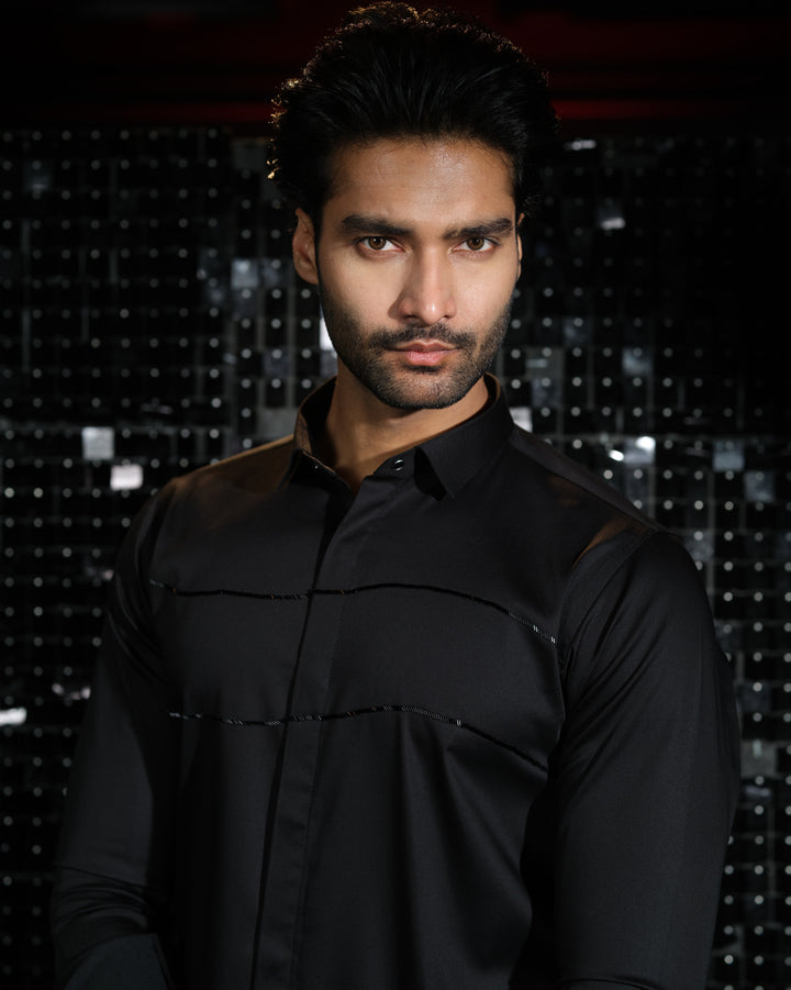 Black shirt with hand embroided Black Sally Curved Parallel Lines