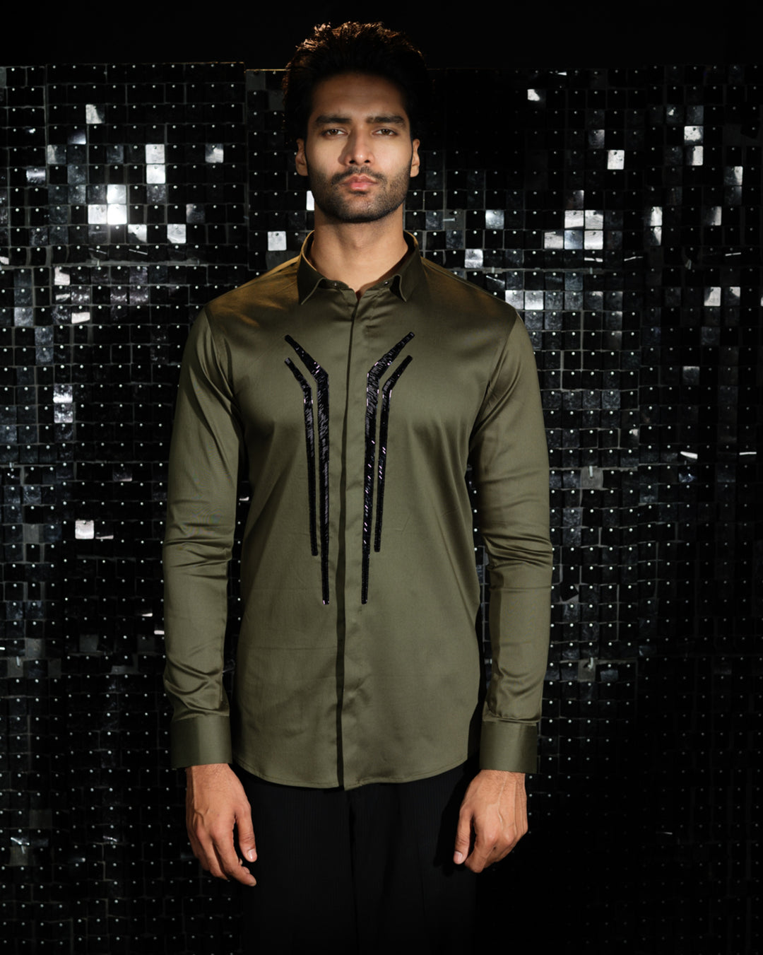 Olive Green shirt with hand embroided Black Sally Abstract Lines