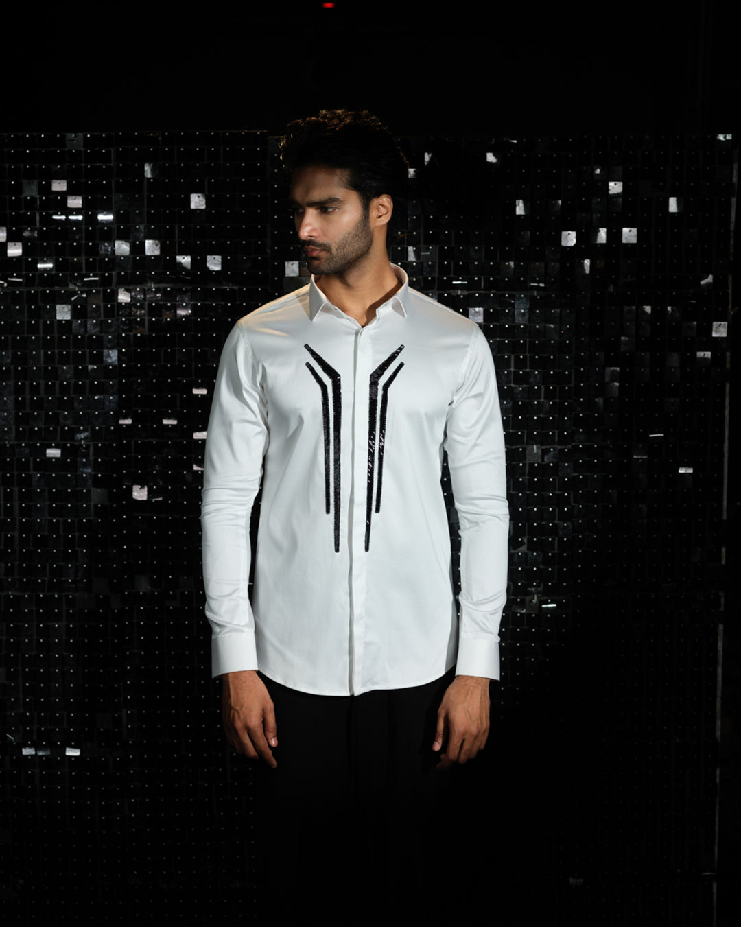 White shirt with hand embroided Black Sally Abstract Lines