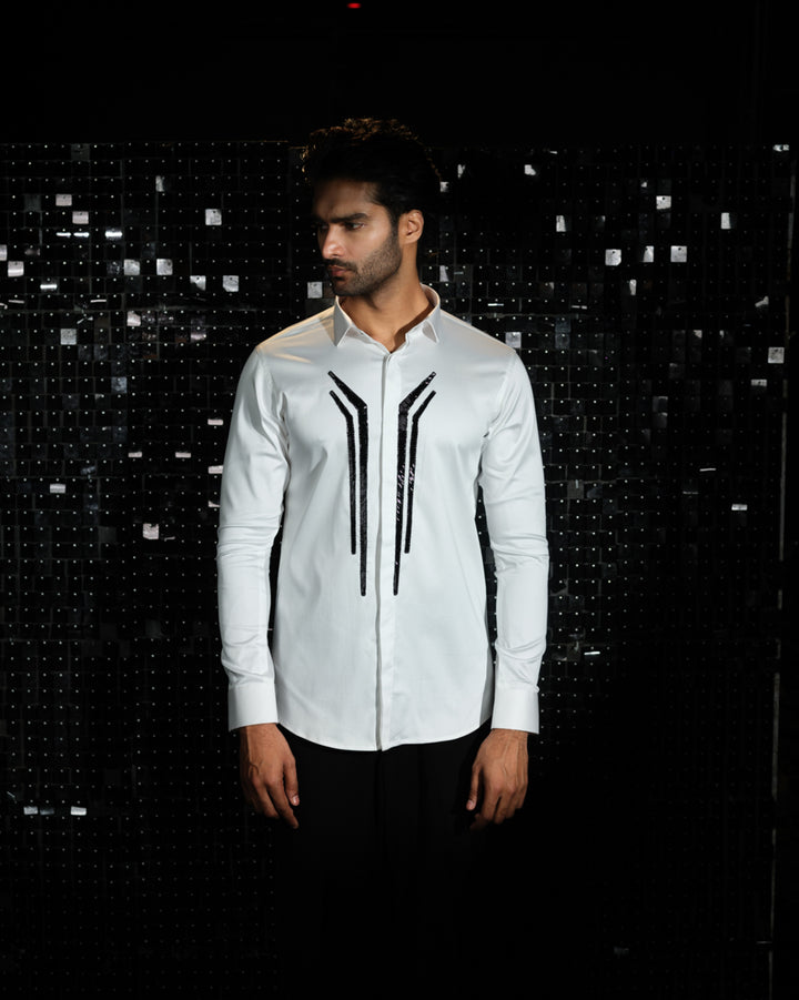 White shirt with hand embroided Black Sally Abstract Lines