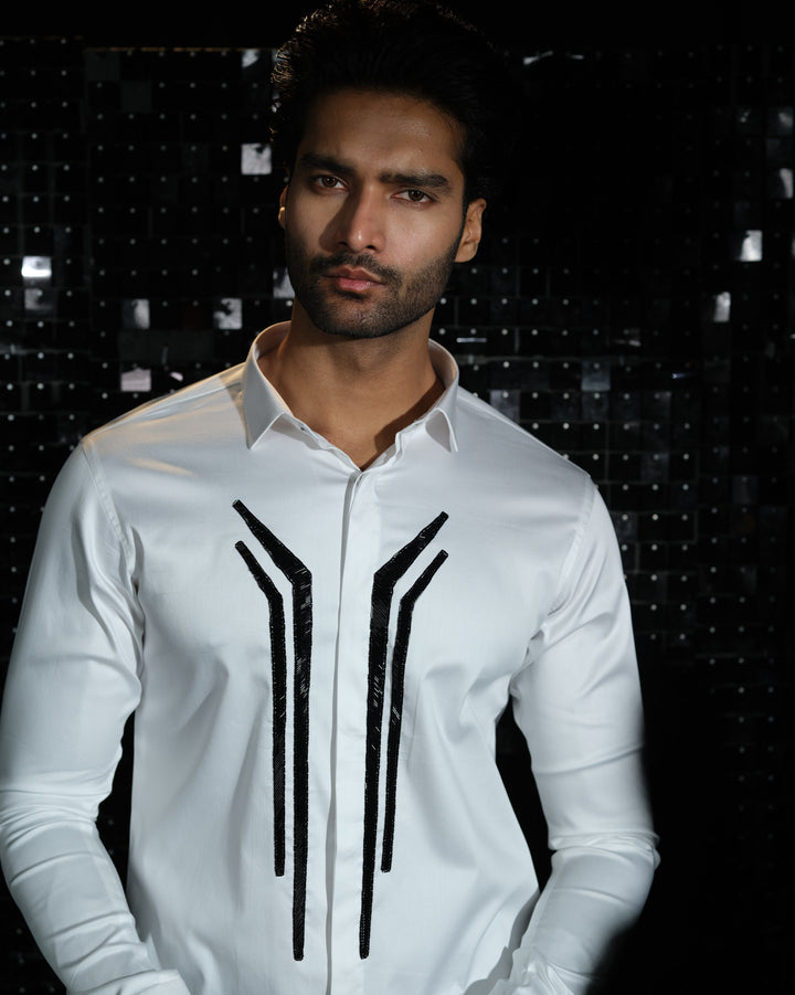 White shirt with hand embroided Black Sally Abstract Lines