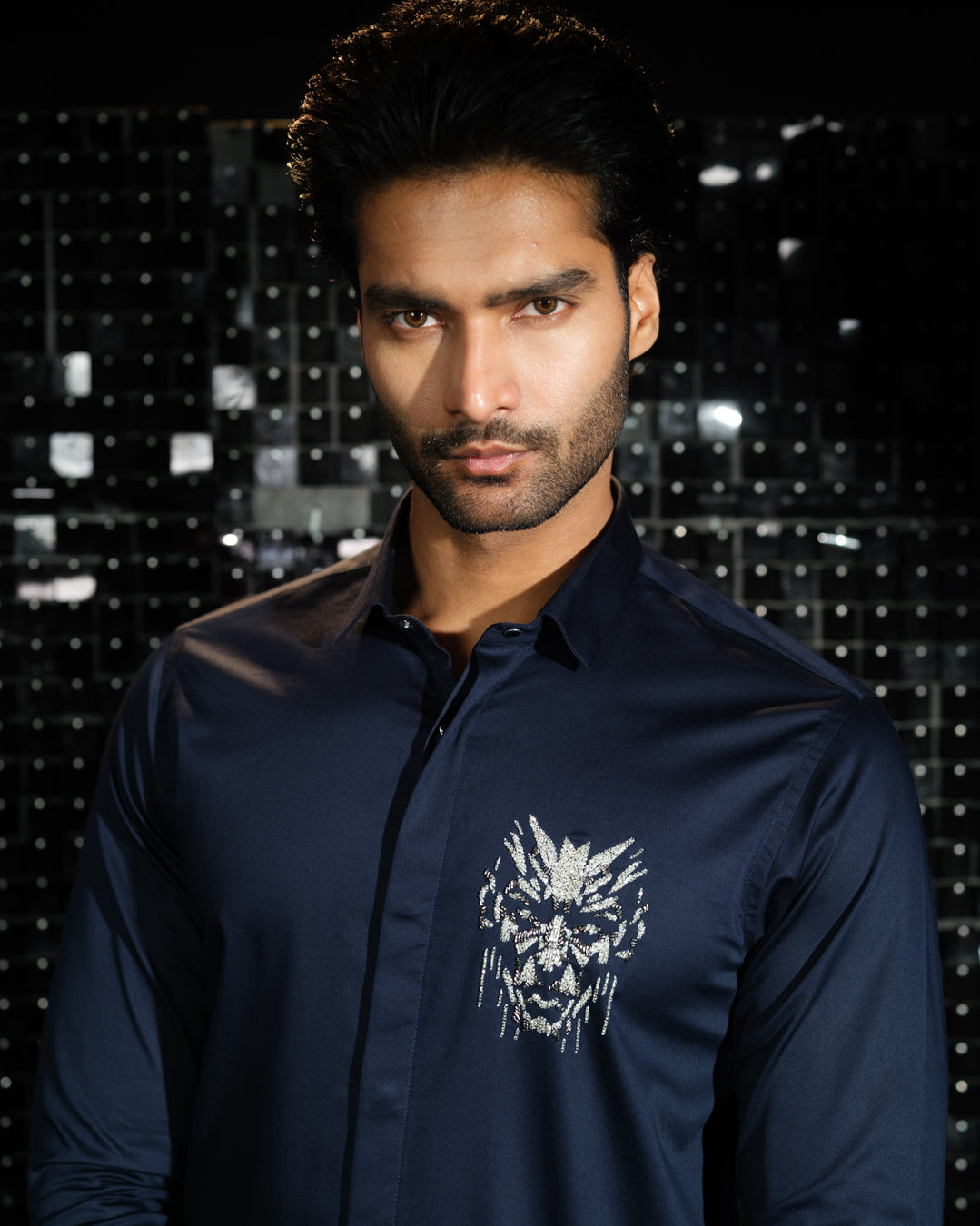 Navy Blue shirt with hand embroided 3D Human Face Pocket square