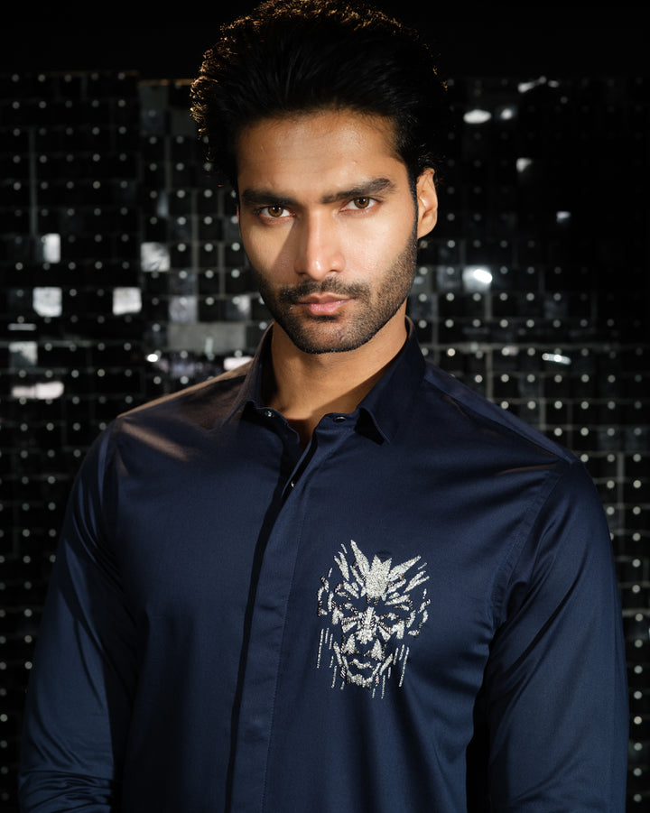 Navy Blue shirt with hand embroided 3D Human Face Pocket square