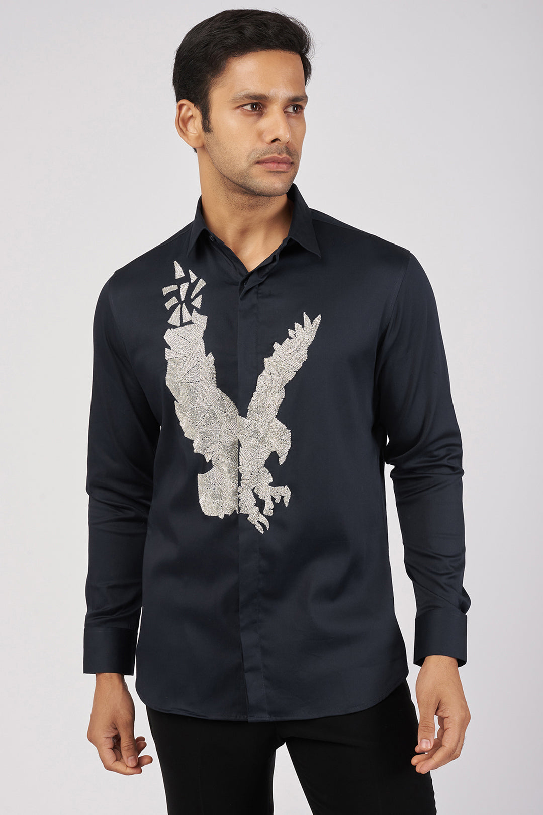 NAVY BLUE SHIRT WITH HAND-EMBROIDERED SILVER EAGLE