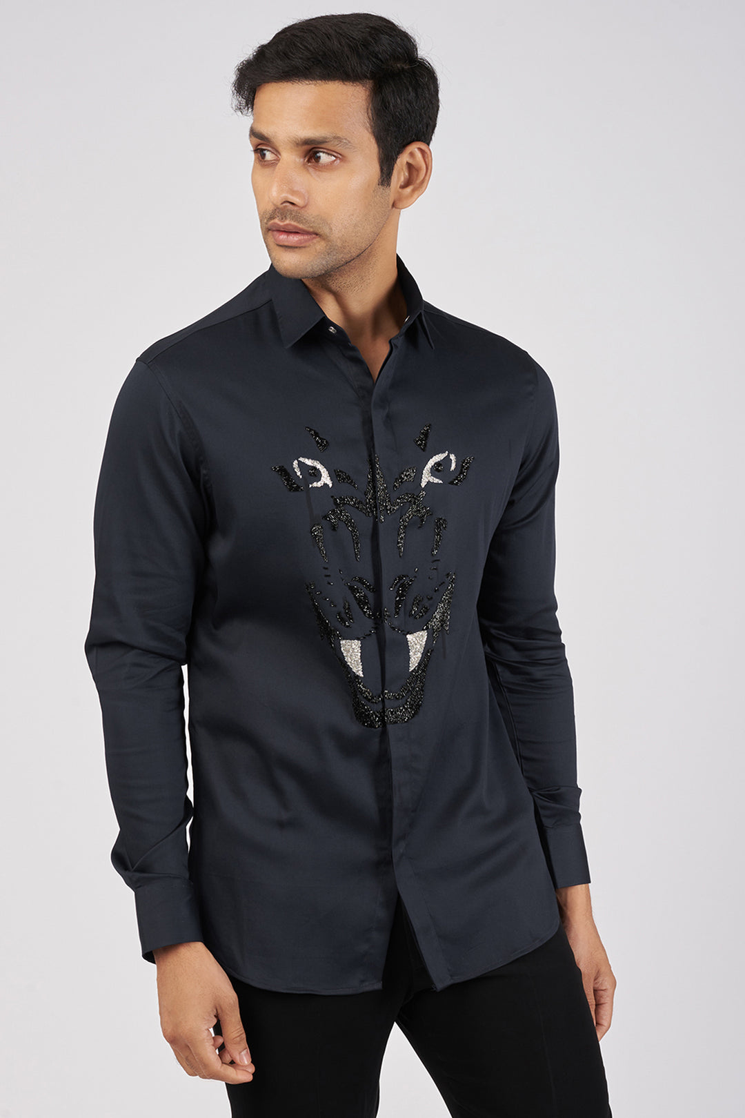 NAVY BLUE SHIRT WITH HAND-EMBROIDERED BLACK TIGER