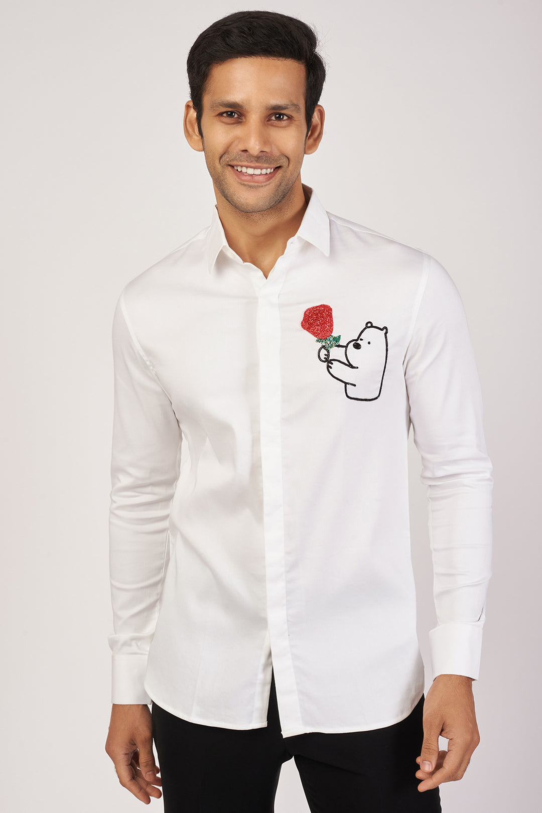 WHITE SHIRT WITH HAND EMBROIDERED BLACK TEDDY WITH ROSE