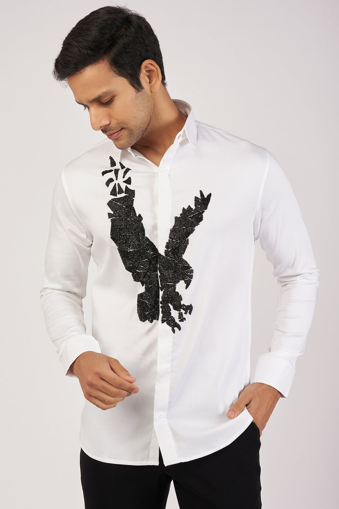 WHITE SHIRT WITH HAND EMBROIDERED BLACK EAGLE