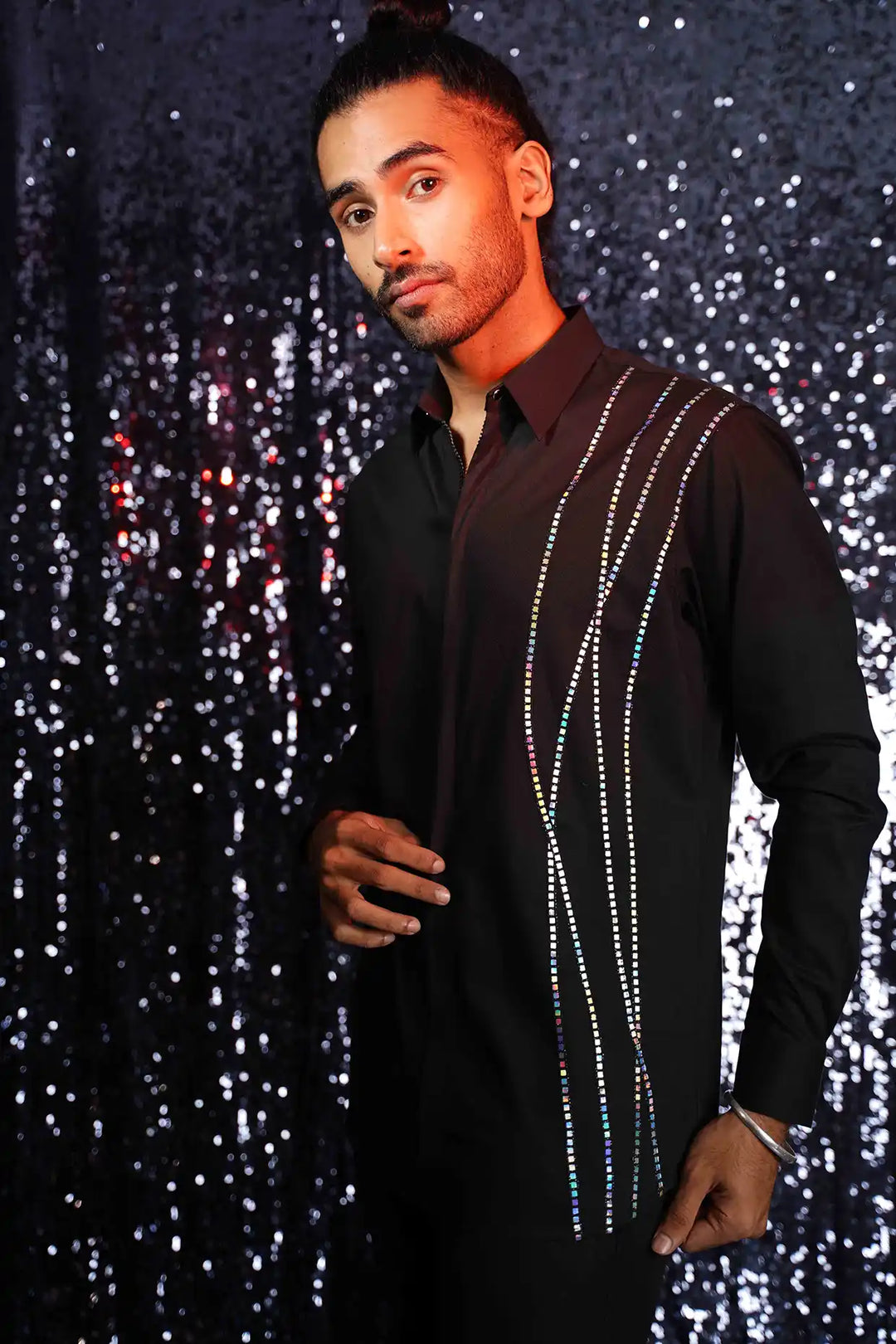 BLACK SHIRT WITH METALLIC STRIPES