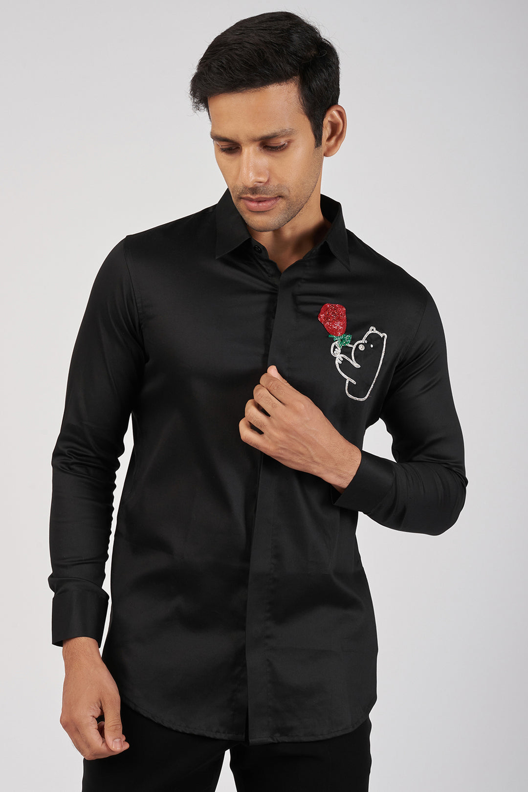 BLACK SHIRT WITH HAND EMBROIDERED SILVER TEDDY WITH ROSE