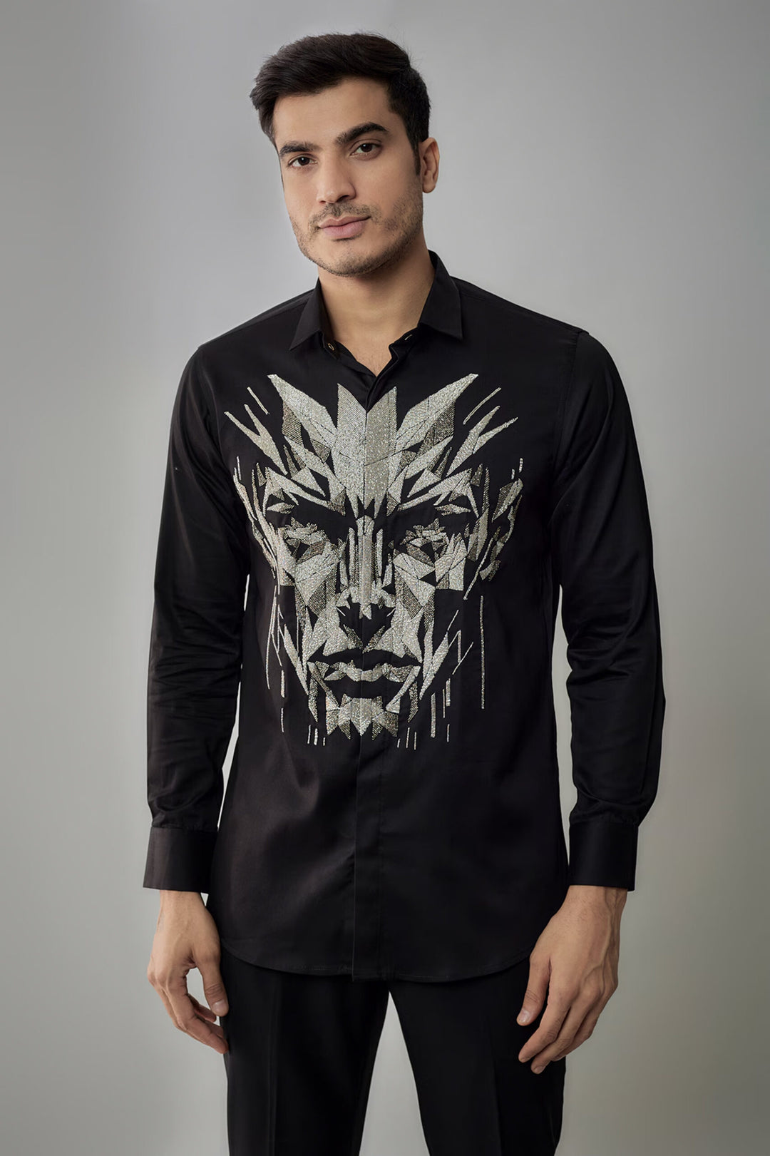 BLACK SHIRT WITH CUTDANA HAND EMBROIDERED 3D HUMAN FACE