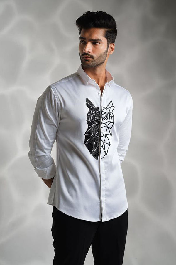 WHITE SHIRT WITH BLACK CUTDANA HAND EMBROIDERED BIG OWL