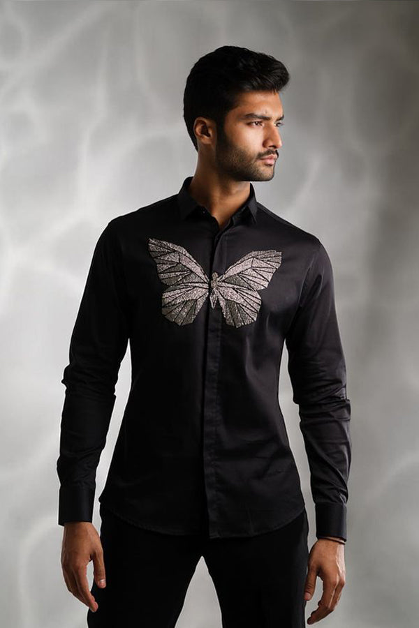 BLACK SHIRT WITH GUN METAL CUTDANA HAND EMBROIDERED BUTTERFLY