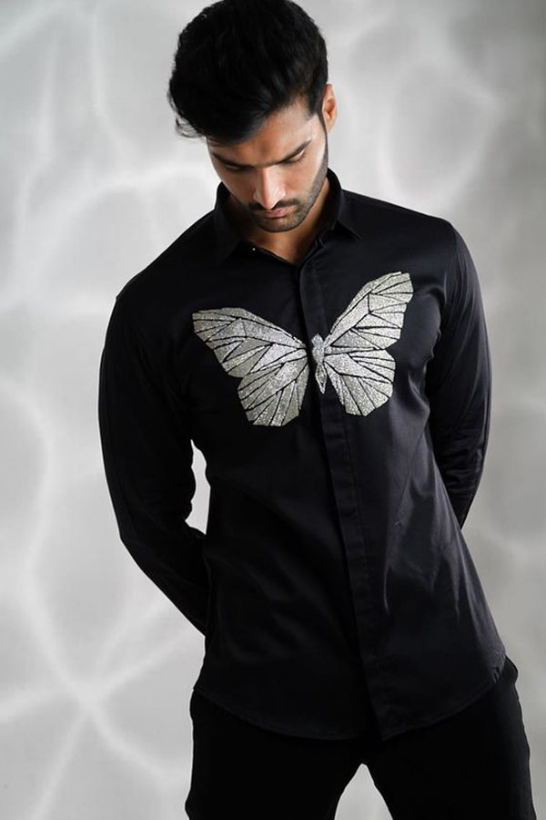 BLACK SHIRT WITH SILVER CUTDANA HAND EMBROIDERED BUTTERFLY