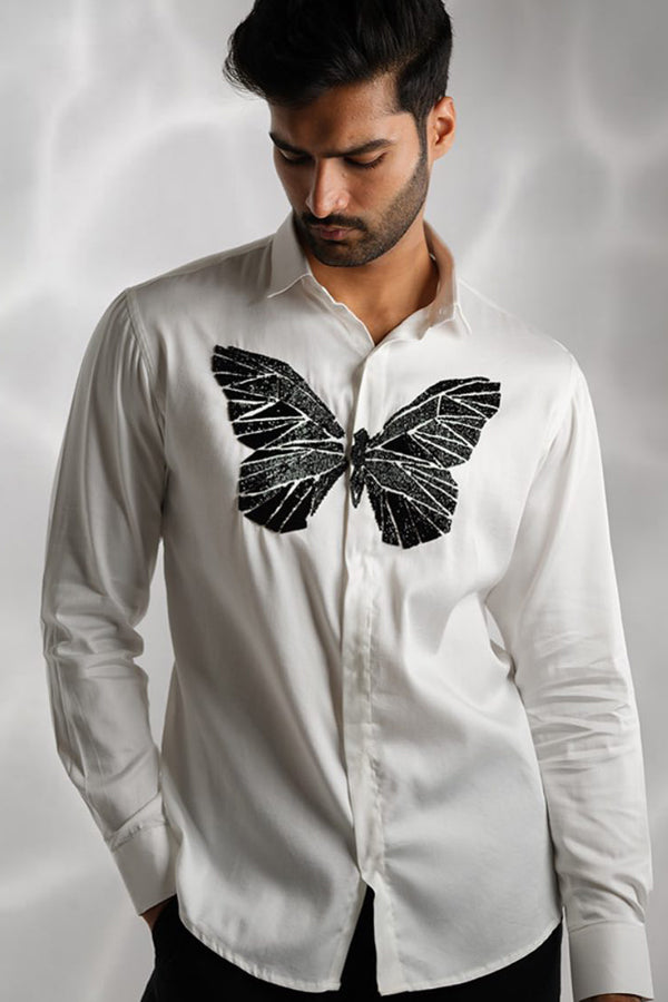 WHITE SHIRT WITH BLACK CUTDANA HAND EMBROIDERED BUTTERFLY