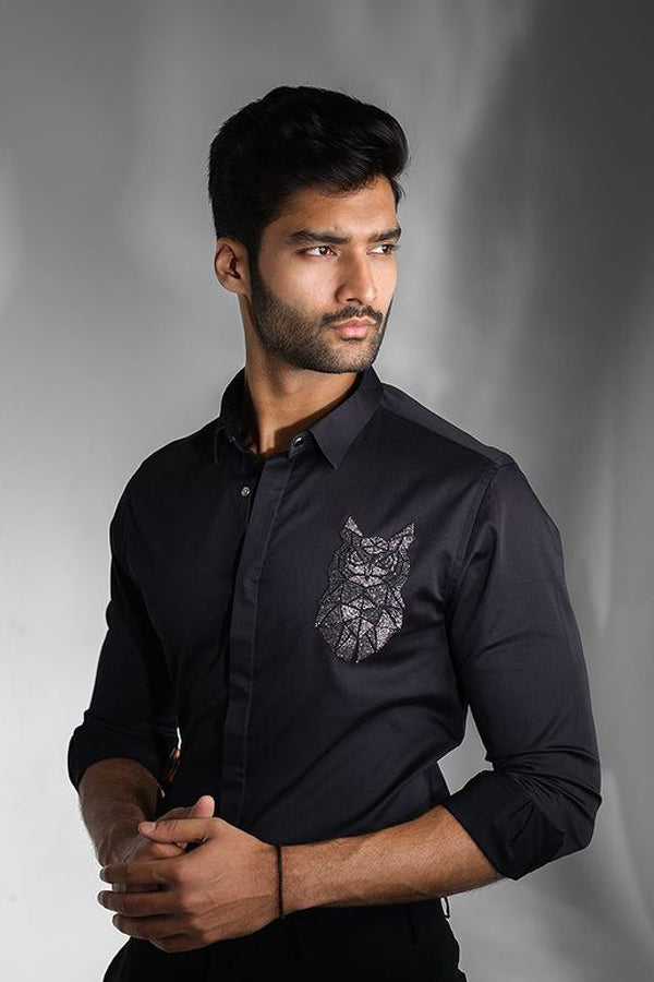 BLACK SHIRT WITH GUN METAL CUTDANA HAND EMBROIDERED SMALL OWL