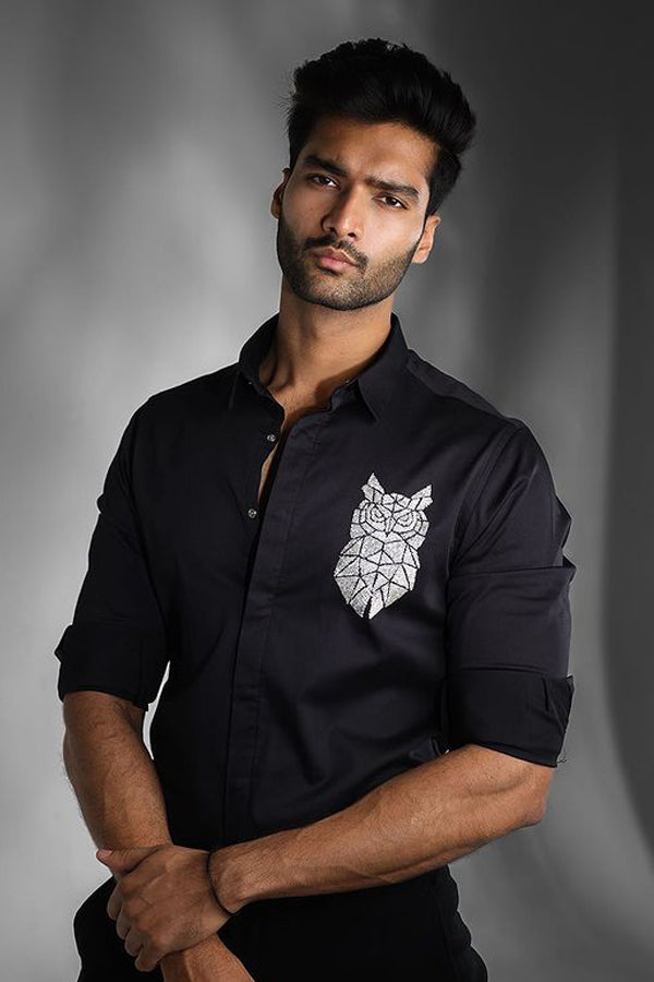 BLACK SHIRT WITH SILVER CUTDANA HAND EMBROIDERED SMALL OWL