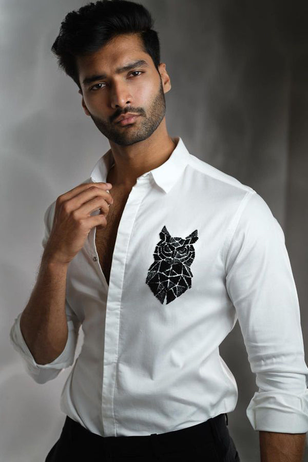 WHITE SHIRT WITH BLACK CUTDANA HAND EMBROIDERED SMALL OWL