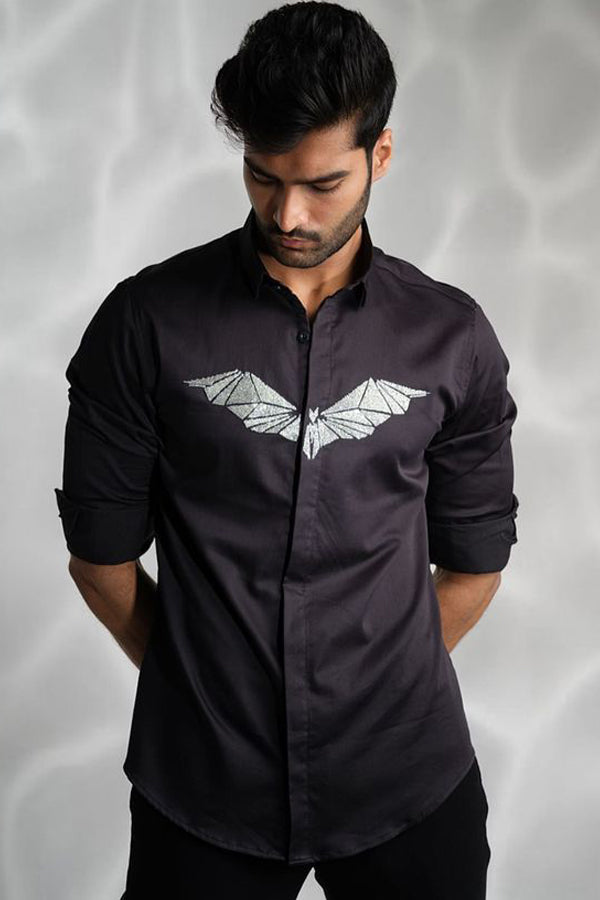 BLACK SHIRT WITH SILVER CUTDANA HAND EMBROIDERED BAT