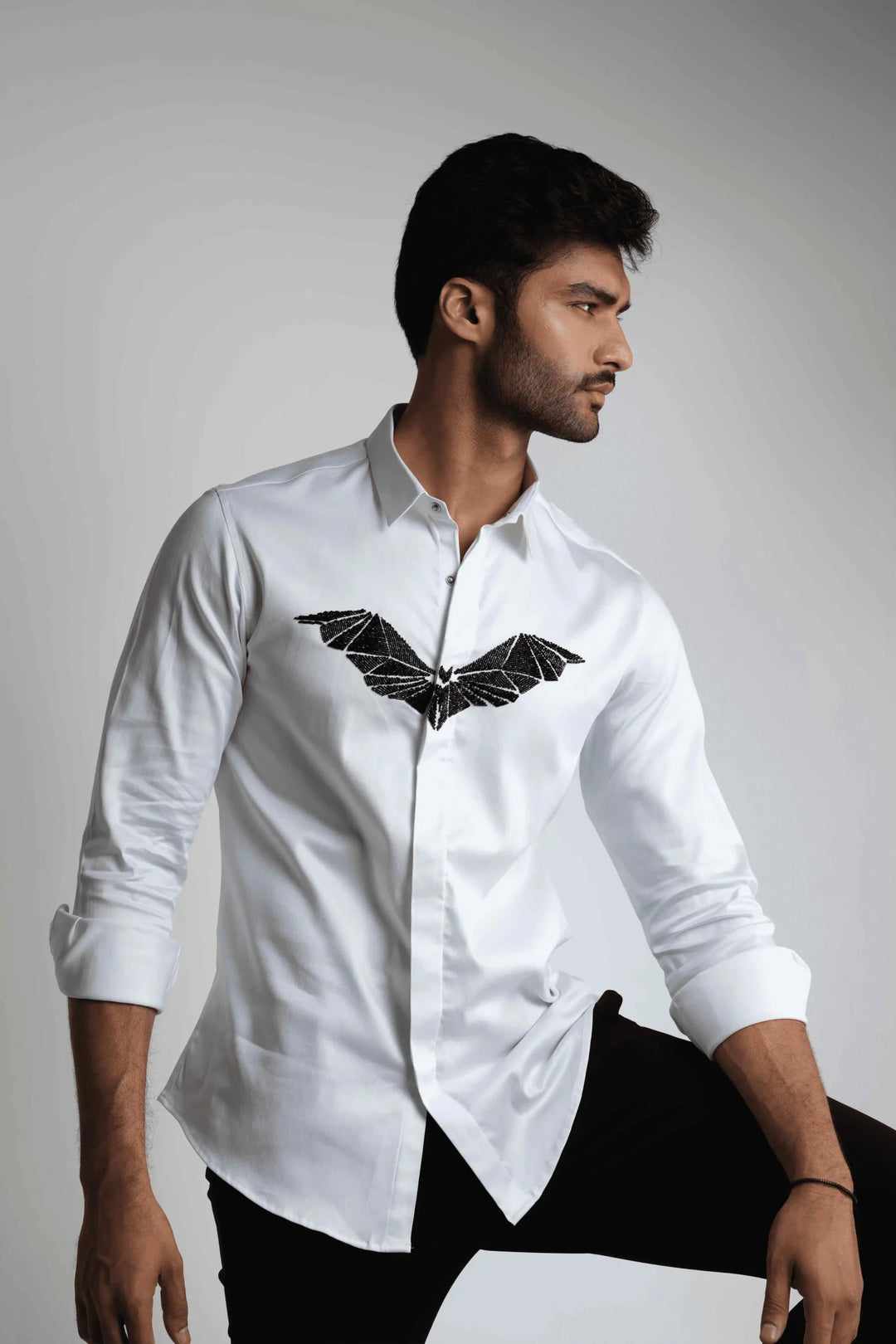 WHITE SHIRT WITH BLACK CUTDANA HAND-EMBROIDERED BAT