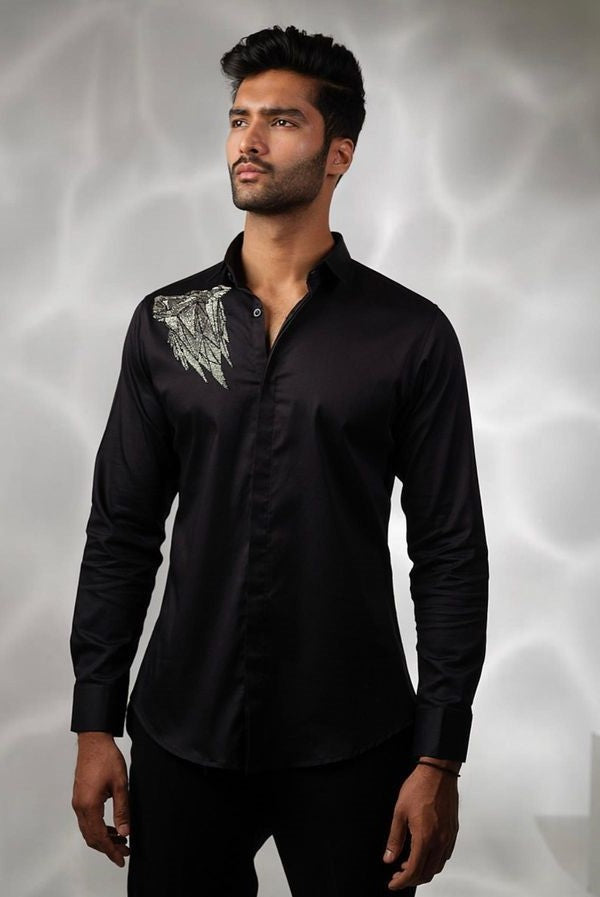 BLACK SHIRT WITH GUN METAL CUTDANA HAND EMBROIDERED WOLF