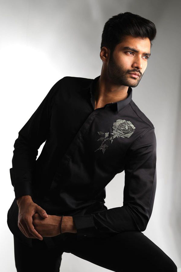 BLACK SHIRT WITH GUN METAL CUT DANA HAND EMBROIDERED ROSE