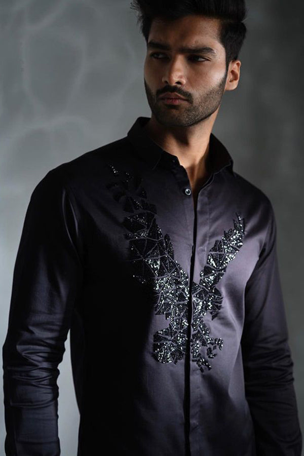 BLACK SHIRT WITH BLACK CUTDANA HAND-EMBROIDERED EAGLE