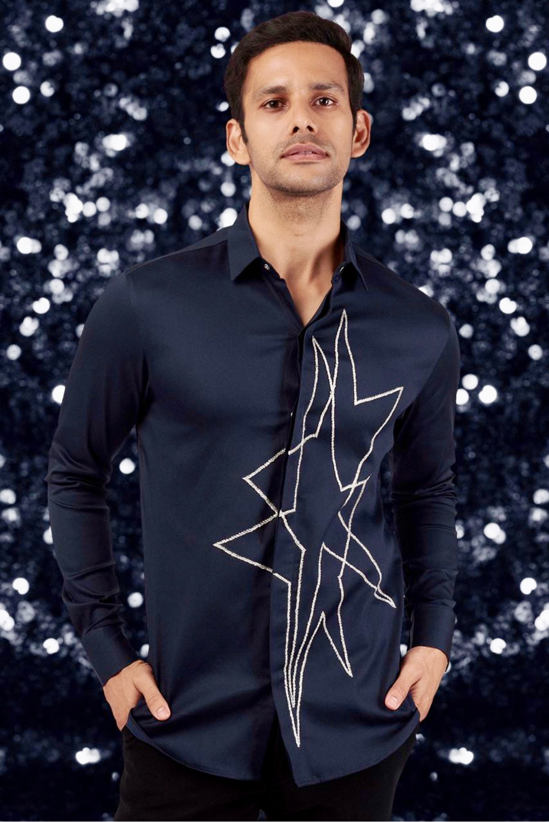 NAVY BLUE SHIRT WITH HAND-EMBROIDERED SILVER STAR