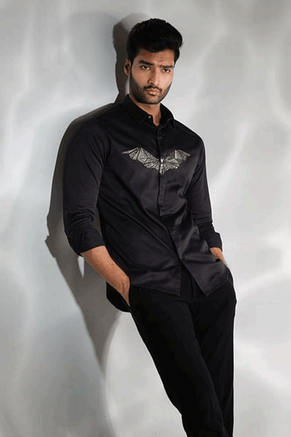 BLACK SHIRT WITH GUN METAL CUTDANA HAND EMBROIDERED BAT