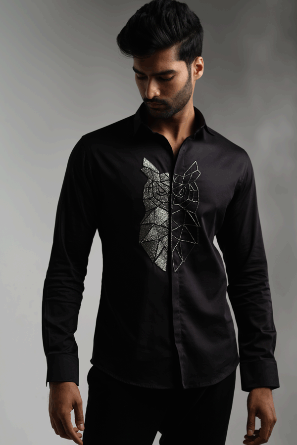 BLACK SHIRT WITH GUN METAL CUTDANA HAND EMBROIDERED BIG OWL
