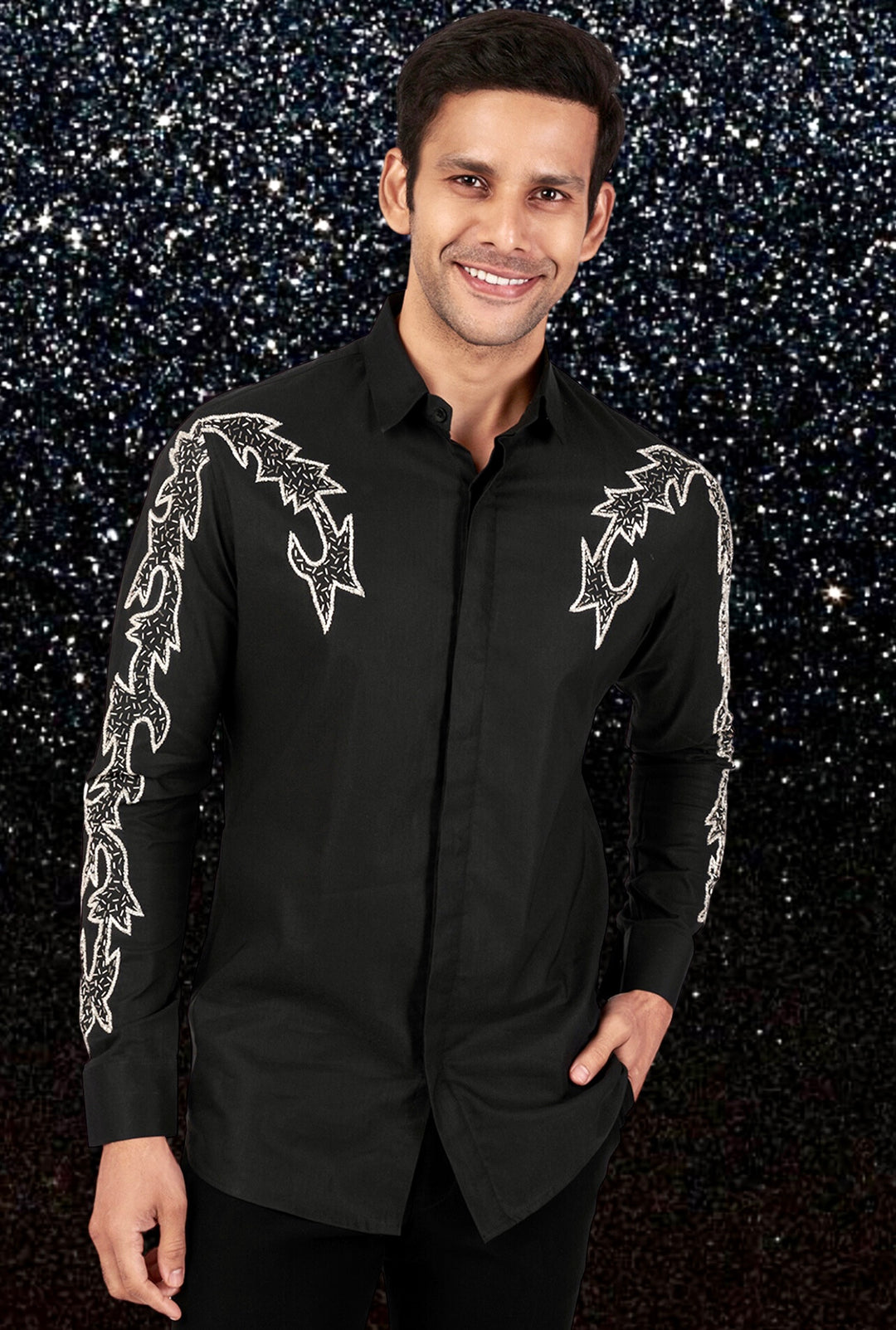 BLACK SHIRT WITH HAND EMBROIDERED DESIGN ON THE SLEEVE