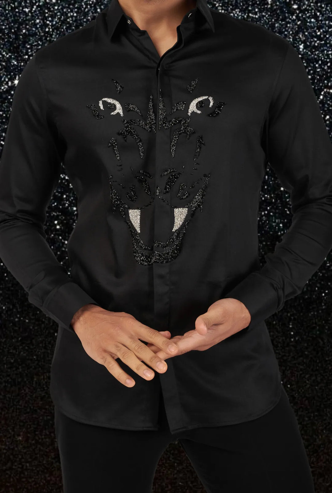 BLACK SHIRT WITH HAND EMBROIDERED BLACK TIGER