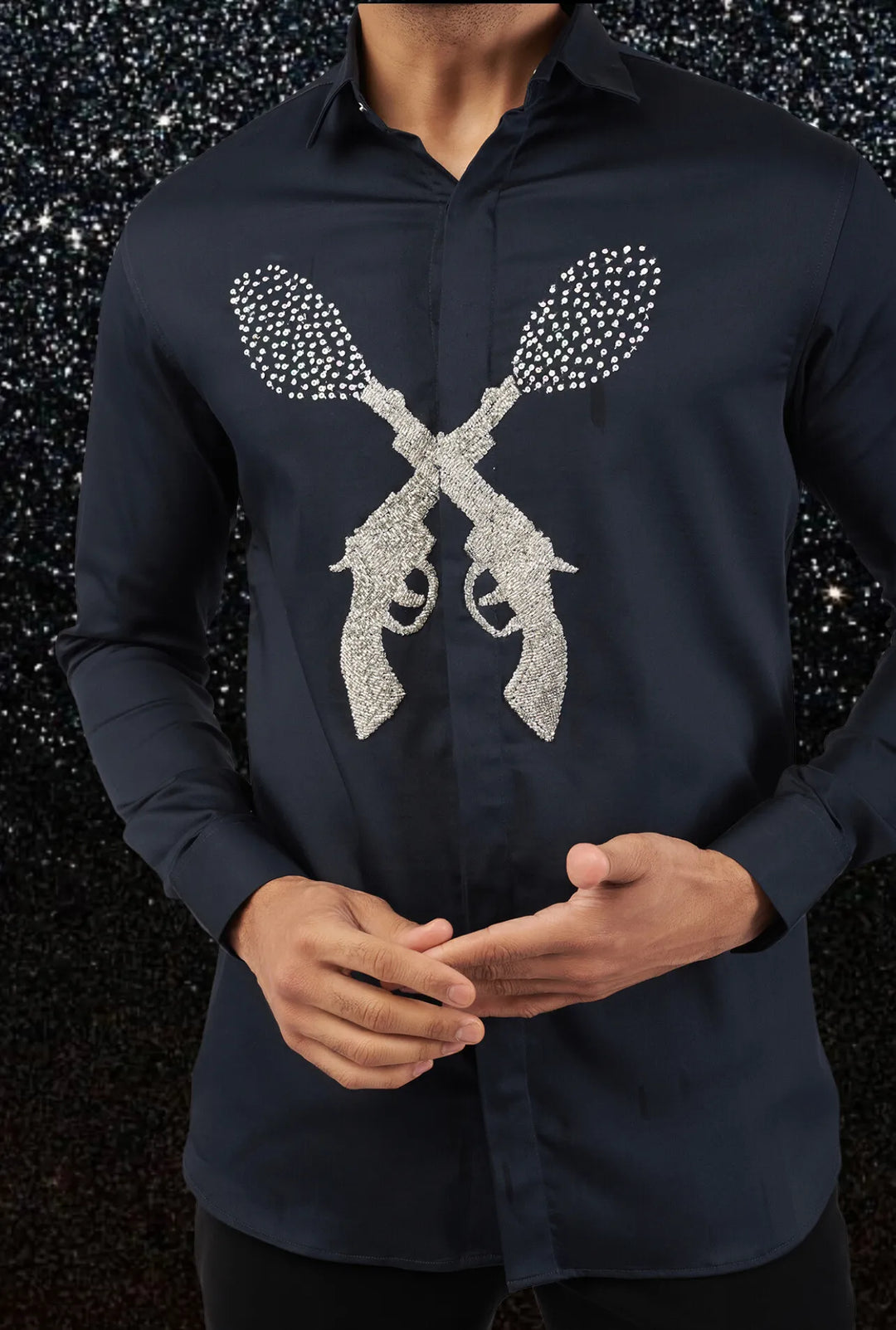 NAVY BLUE SHIRT WITH HAND EMBROIDERED SILVER GUN WITH SPARKLES