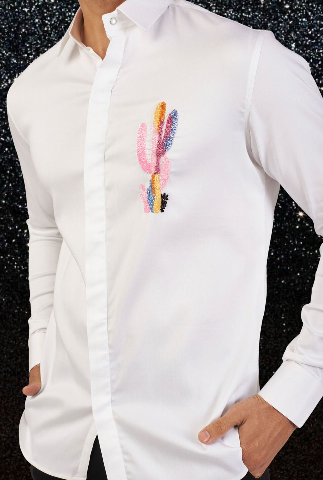 WHITE SHIRT WITH HAND EMBROIDERED MULTI COLOUR CACTUS