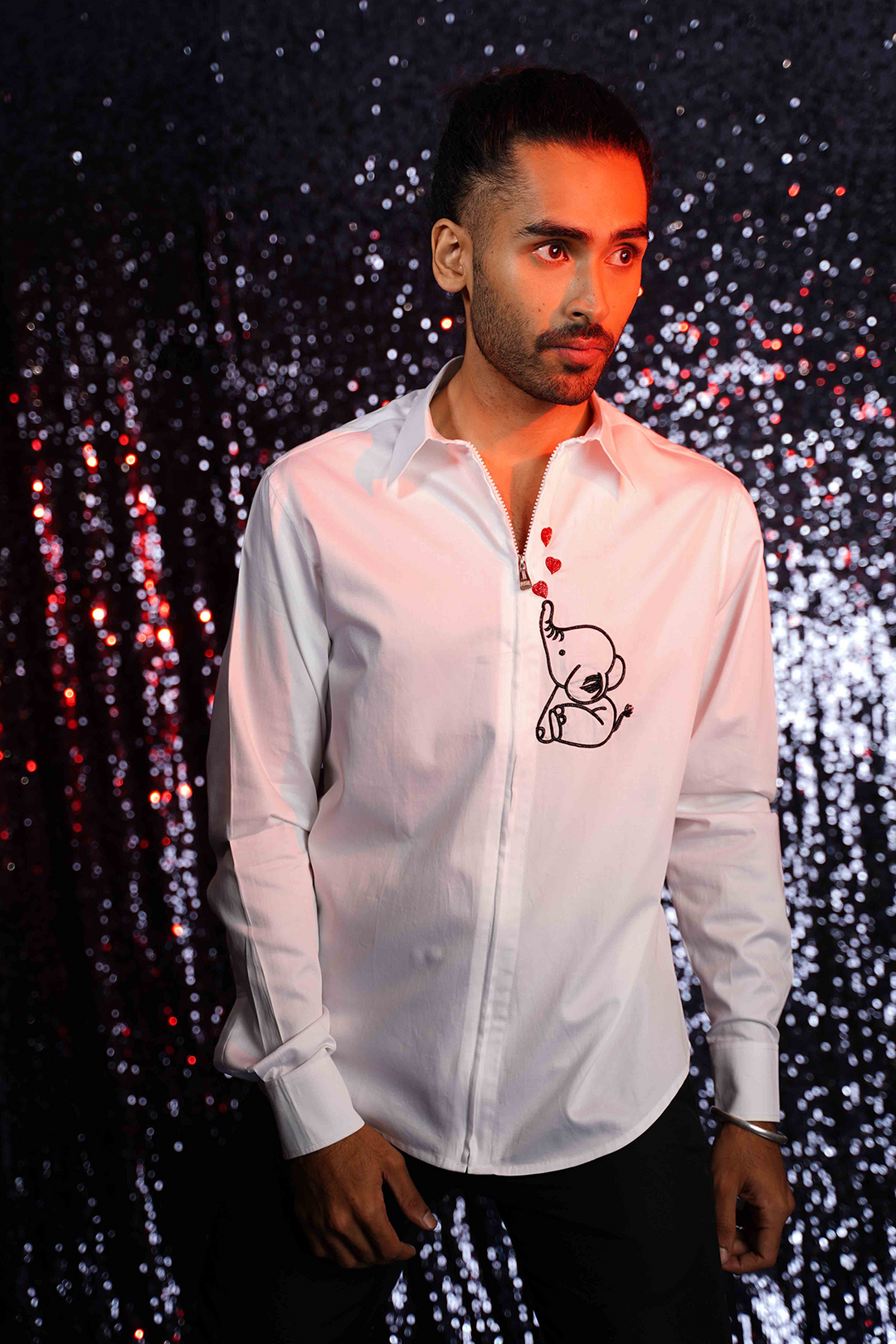 WHITE SHIRT WITH HAND EMBROIDERED ELEPHANT WITH HEARTS