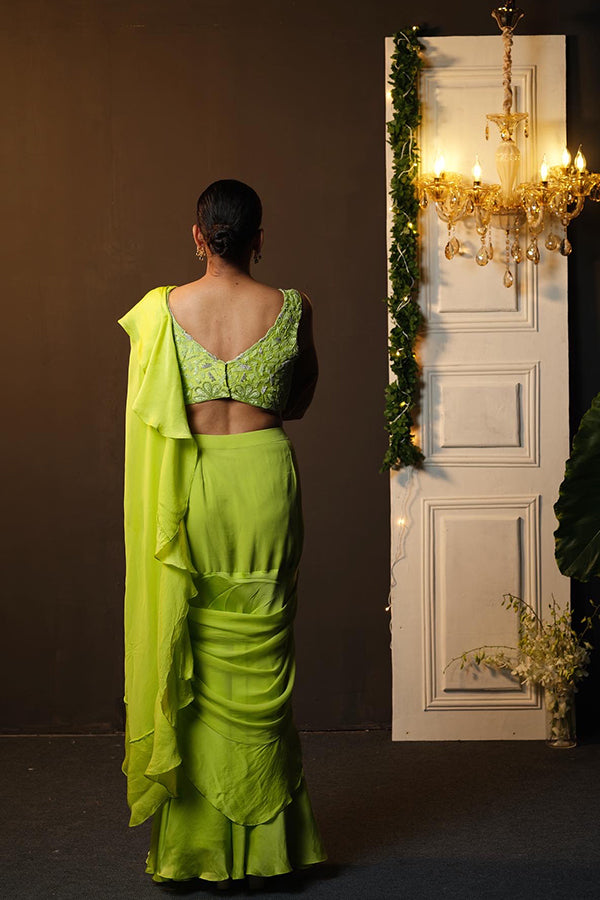 NEON GREEN RUFFLE SAREE WITH EMBROIDERED BLOUSE