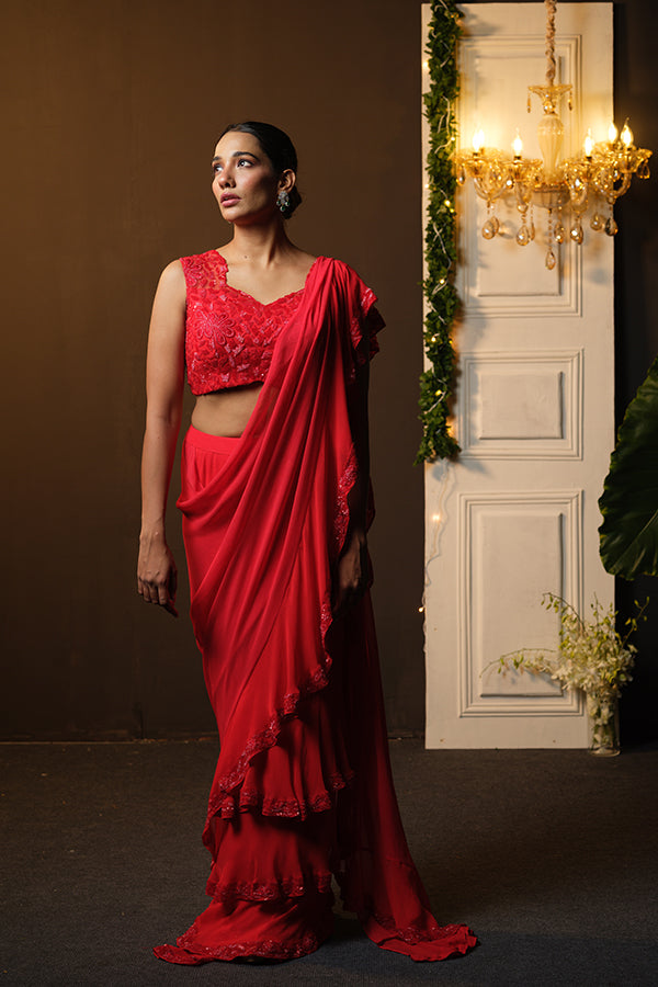 RED RUFFLE SAREE WITH EMBROIDERED BLOUSE