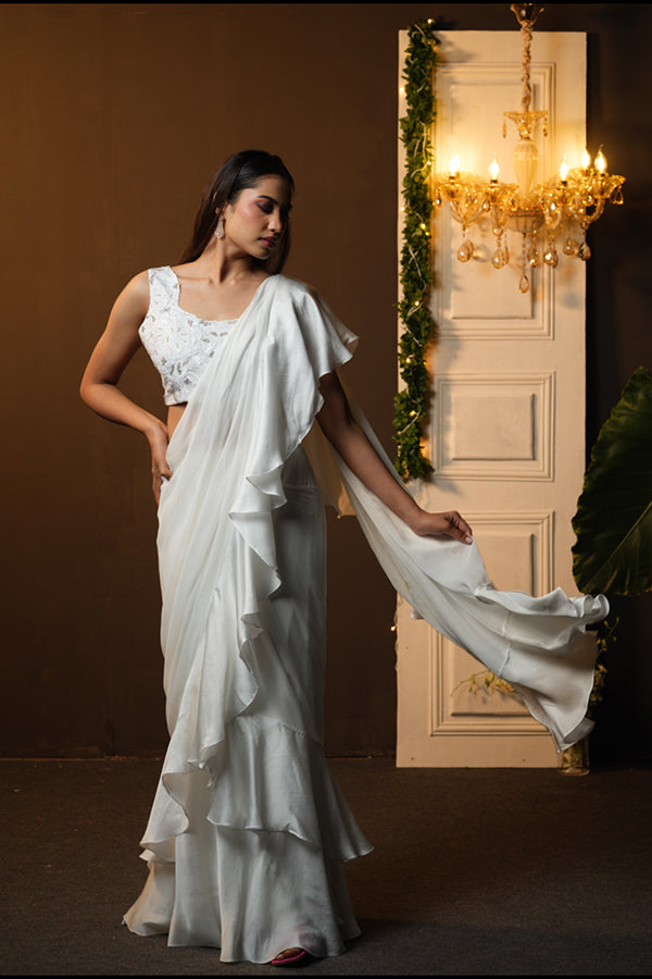 WHITE RUFFLE SAREE WITH EMBROIDERED BLOUSE