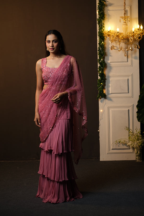 PINK RUFFLE SAREE WITH EMBROIDERED BLOUSES