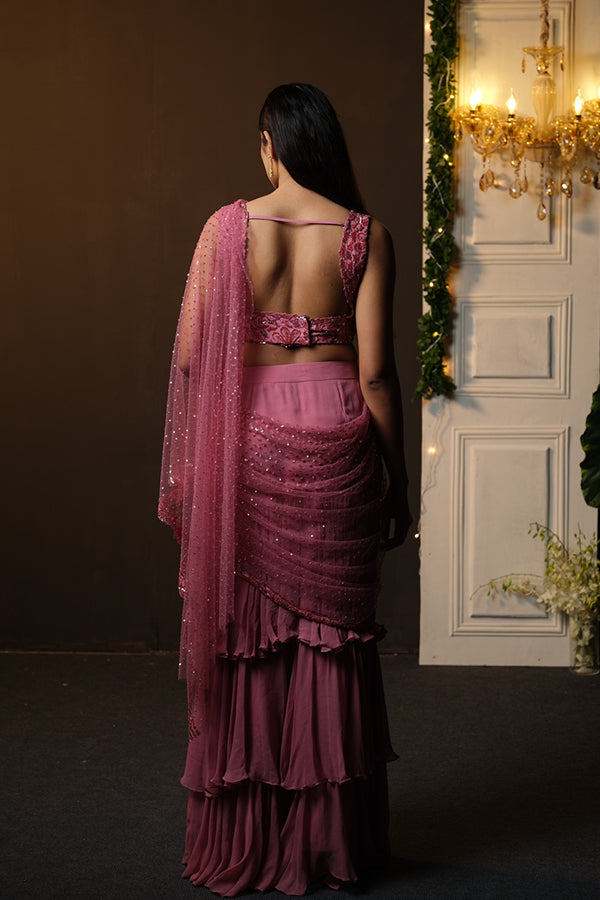 PINK RUFFLE SAREE WITH EMBROIDERED BLOUSES