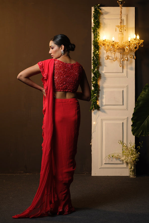 RED RUFFLE SAREE WITH EMBROIDERED BLOUSE