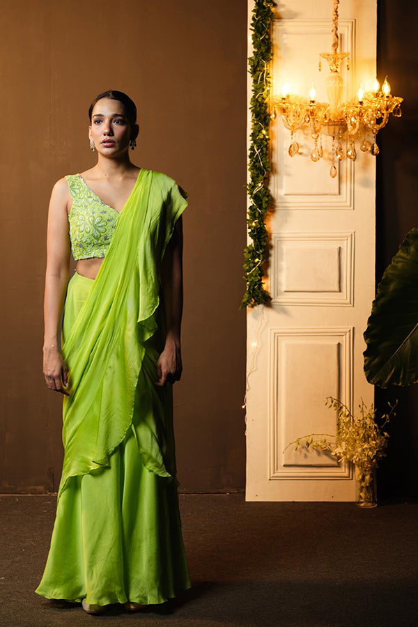 NEON GREEN RUFFLE SAREE WITH EMBROIDERED BLOUSE