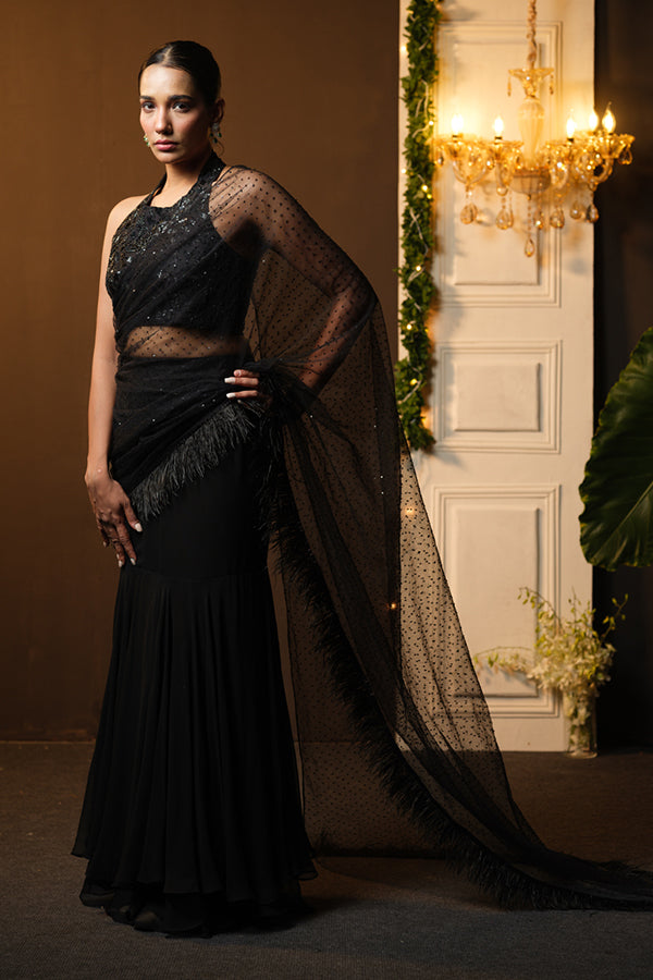 BLACK FISH CUT SAREE WITH EMBROIDERED BLOUSE