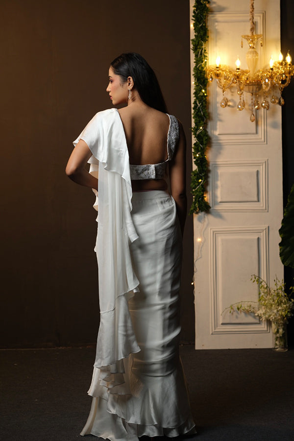 WHITE RUFFLE SAREE WITH EMBROIDERED BLOUSE