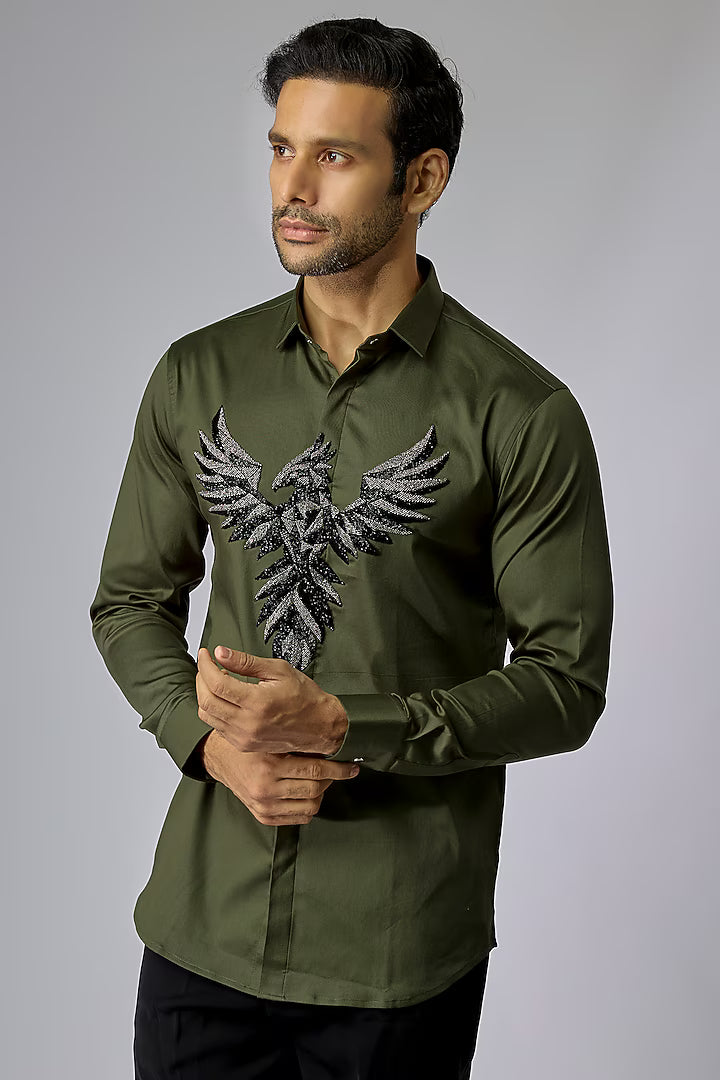 Olive Green Shirt with 3D Phoenix on Center