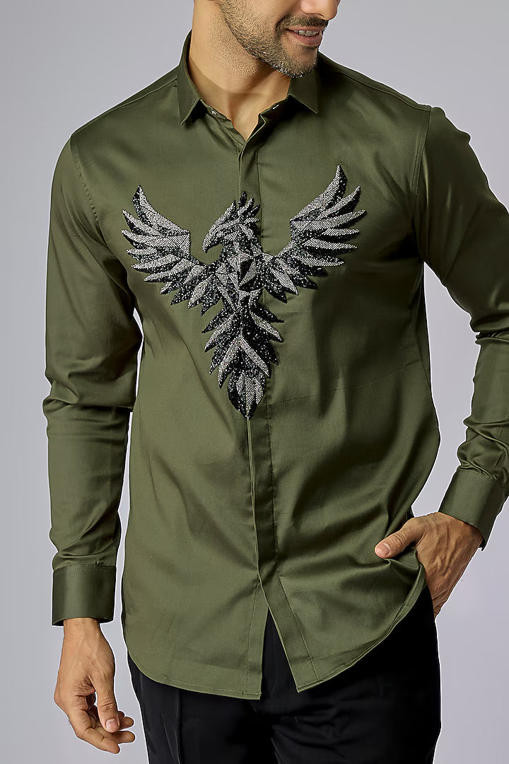Olive Green Shirt with 3D Phoenix on Center