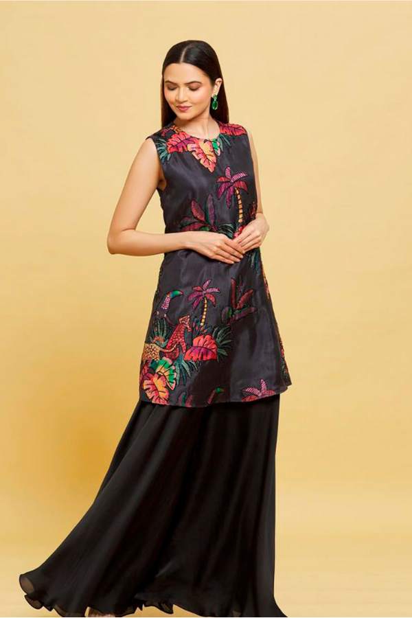 HAND EMBROIDERED SHORT PRINT KURTI WITH BLACK SHARARA PANTS